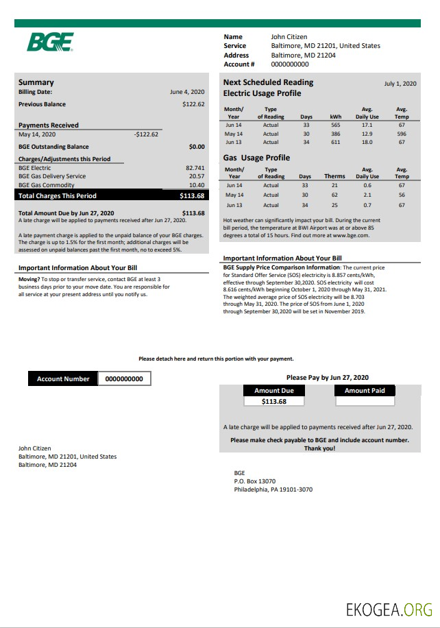Usa Maryland bge gas and electric utility bill template in word and pdf format template